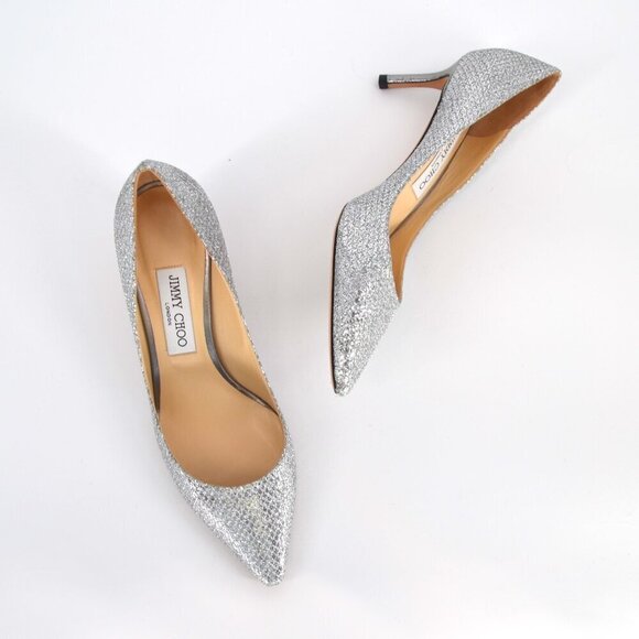 Jimmy Choo Romy Kitten Heel Pumps Pointed Toe Silver Metallic Women's 39.5 US 9 - Picture 1 of 13